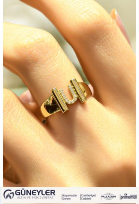 TAŞLI U HARF FANTAZİ YÜZÜK 14 AYAR AT04911