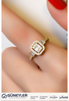 YAN KOLLARI TAŞLI BAGET YÜZÜK  14 AYAR A066140