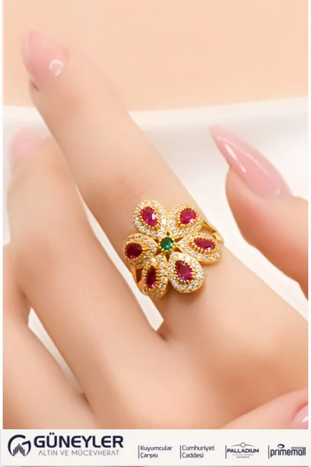 KIRMIZI TAŞLI ÇİÇEK YÜZÜK 22 AYAR A035757 KIRMIZI TAŞLI ÇİÇEK YÜZÜK 22 AYAR A035757