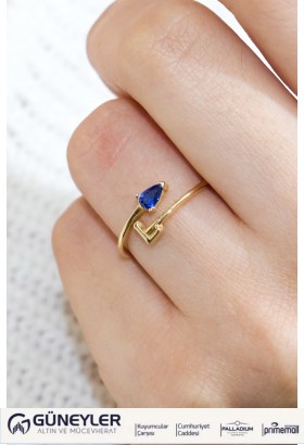 MAVİ TAŞLI L HARF YÜZÜK 14 AYAR A064778