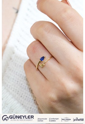 MAVİ TAŞLI L HARF YÜZÜK 14 AYAR A064778