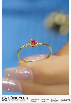 PEMBE TAŞLI KALP YÜZÜK 14 AYAR A080542