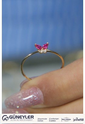 PEMBE TAŞLI KELEBEK YÜZÜK 14 AYAR A080543