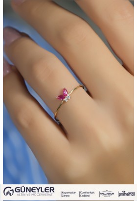 PEMBE TAŞLI KELEBEK YÜZÜK 14 AYAR A080543