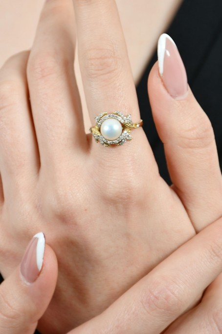 TAŞLI İNCİ DETAYLI YÜZÜK 14 AYAR A022841