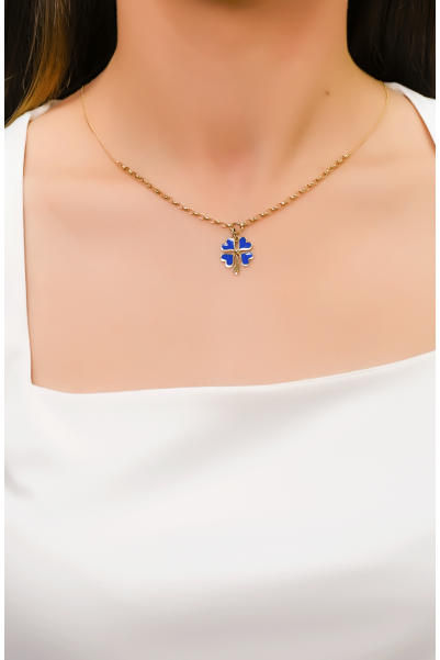 MAVİ MİNELİ YONCA KOLYE 14 AYAR A053640