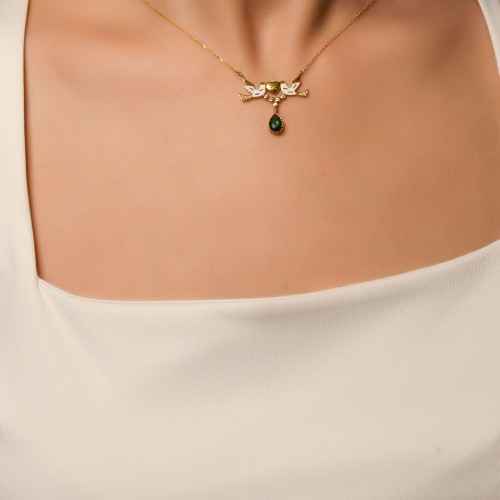 YEŞİL TAŞLI ÇİFT KUŞ KOLYE 22 AYAR A064730