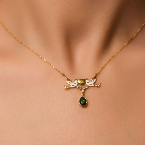 YEŞİL TAŞLI ÇİFT KUŞ KOLYE 22 AYAR A064730