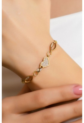 TAŞLI KALP DETAYLI MODERN TARZ BİLEKLİK 14 AYAR A017913