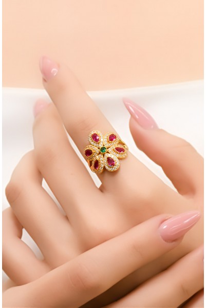 KIRMIZI TAŞLI ÇİÇEK YÜZÜK 22 AYAR A035757