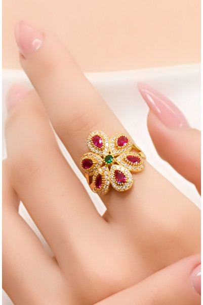 KIRMIZI TAŞLI ÇİÇEK YÜZÜK 22 AYAR A035757