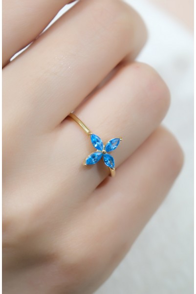 MAVİ TAŞLI ÇİÇEK MODEL YÜZÜK 14 AYAR A059189