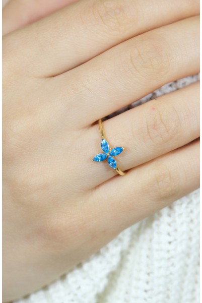 MAVİ TAŞLI ÇİÇEK MODEL YÜZÜK 14 AYAR A059189