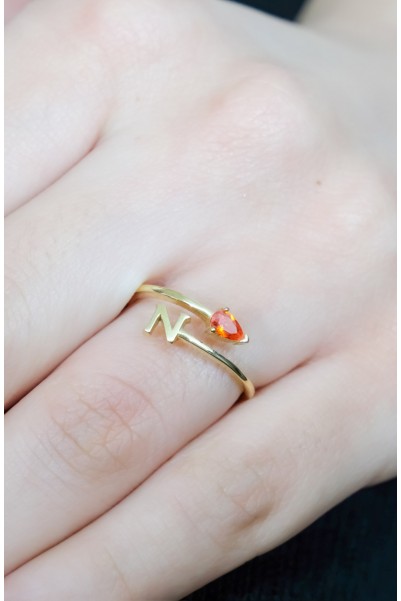 TURUNCU TAŞLI N HARF YÜZÜK 14 AYAR A064779