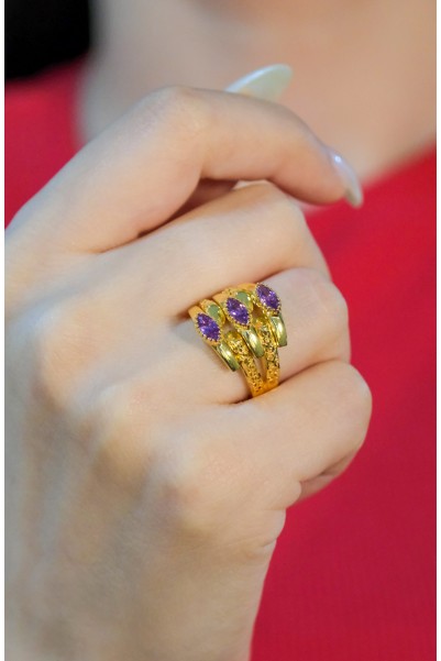 MOR TAŞLI KABURGA YÜZÜK 22 AYAR A076241