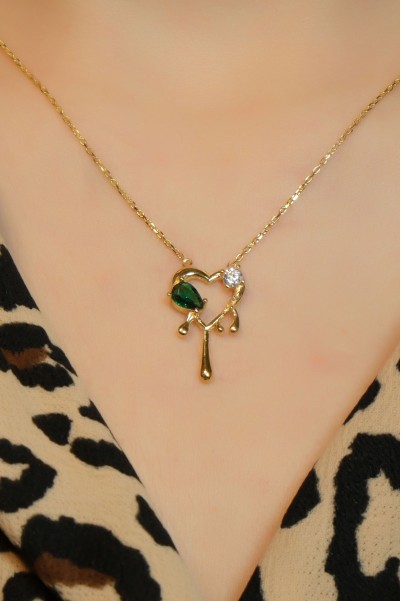 YEŞİL TAŞLI KALP KOLYE 22 AYAR A079972