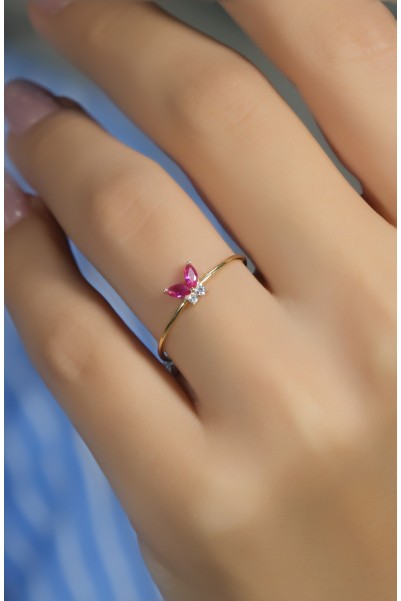 PEMBE TAŞLI KELEBEK YÜZÜK 14 AYAR A080543