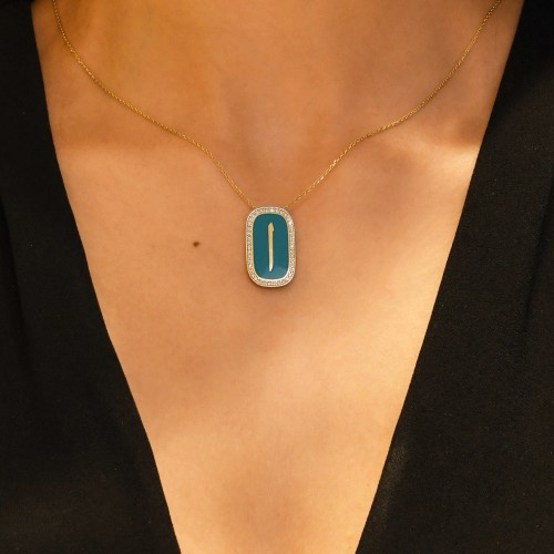 TAŞLI ELİF HARFİ YAZILI PLAKA KOLYE 14 AYAR ATS9967